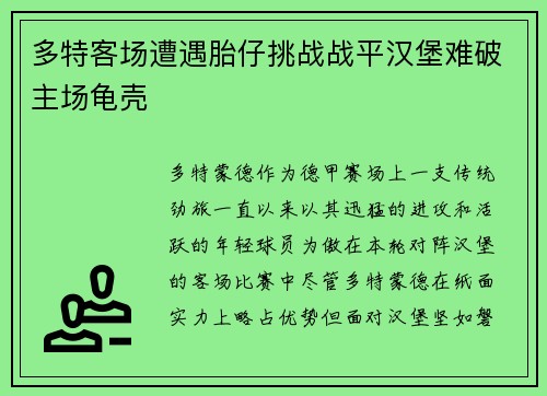 多特客场遭遇胎仔挑战战平汉堡难破主场龟壳